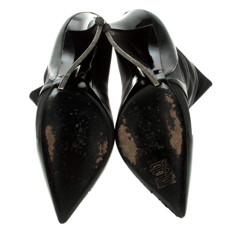 Pre Owned Casadei Black Leather Accent Heel Pointed Toe Ankle Boots Size 39.5