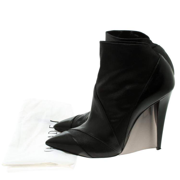 Pre Owned Casadei Black Leather Accent Heel Pointed Toe Ankle Boots Size 39.5
