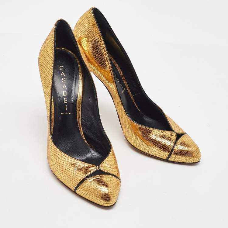 Pre Owned Casadei Metallic Gold Lizard Embossed Leather Round Toe Pumps Size 38.5