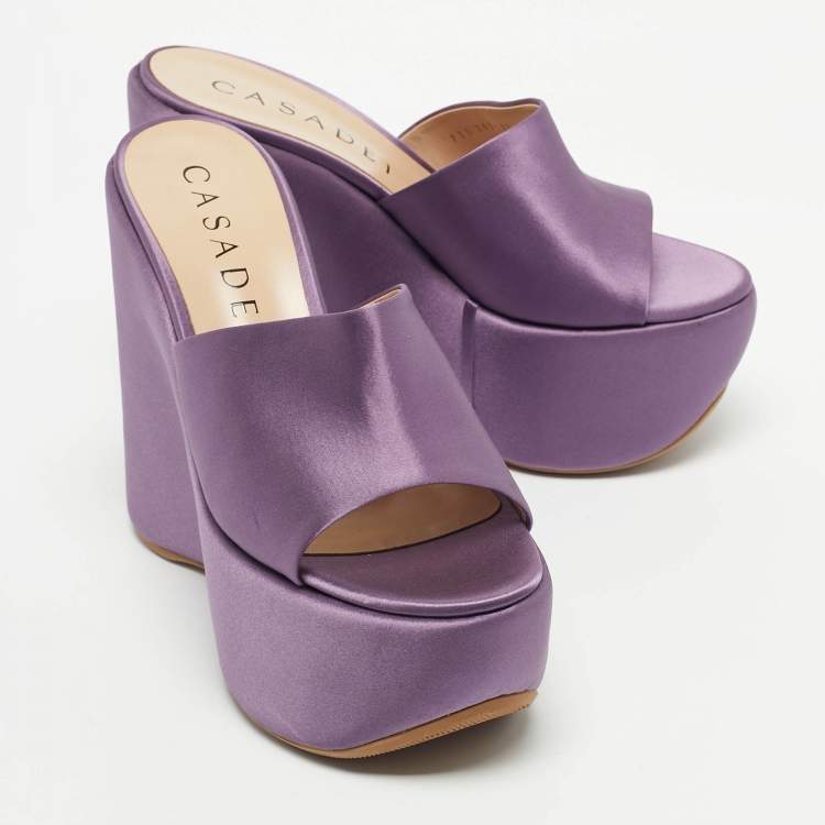 Pre Owned Casadei Light Purple Satin Platform Wedge Sandals Size 39.5