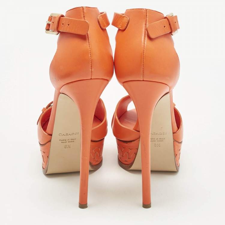 Pre Owned Casadei Orange Leather Platform Ankle Strap Sandals Size 38.5