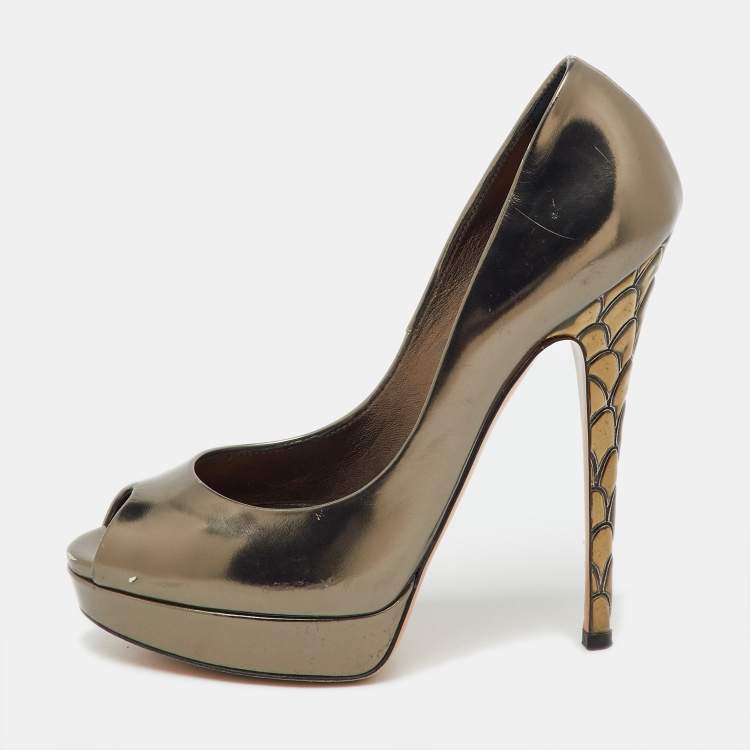 Pre Owned Casadei Dark Grey Leather Barbarella Platform Peep Toe Pumps Size 37.5