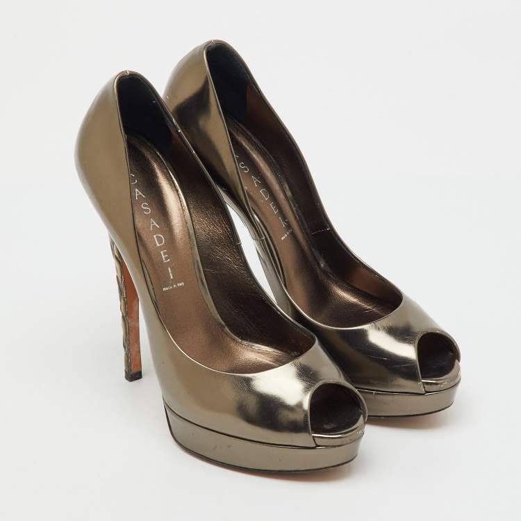 Pre Owned Casadei Dark Grey Leather Barbarella Platform Peep Toe Pumps Size 37.5