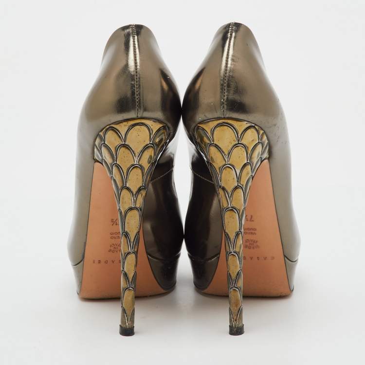Pre Owned Casadei Dark Grey Leather Barbarella Platform Peep Toe Pumps Size 37.5