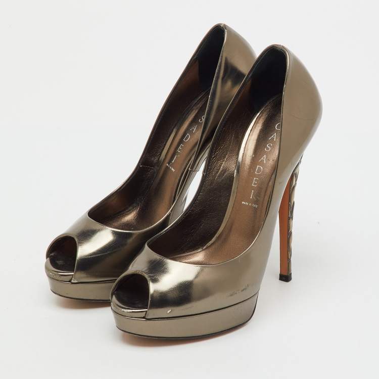 Pre Owned Casadei Dark Grey Leather Barbarella Platform Peep Toe Pumps Size 37.5