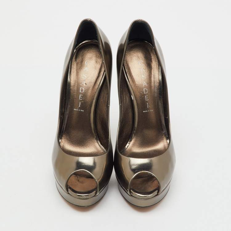 Pre Owned Casadei Dark Grey Leather Barbarella Platform Peep Toe Pumps Size 37.5