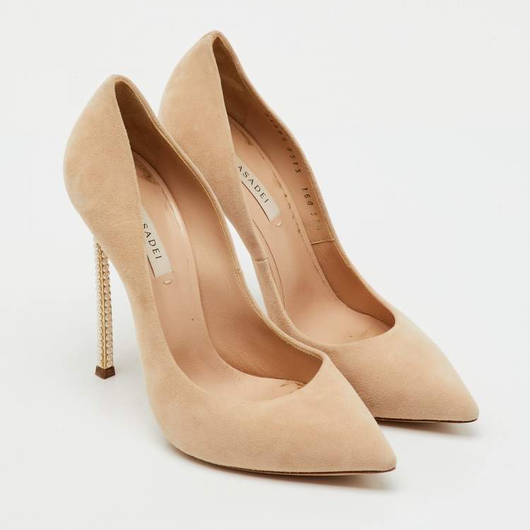 Pre Owned Casadei Beige Suede Pearl Embellished Heel Pointed Toe Pumps Size 37.5
