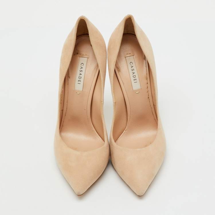 Pre Owned Casadei Beige Suede Pearl Embellished Heel Pointed Toe Pumps Size 37.5