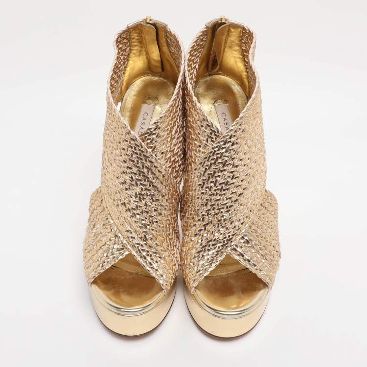 Pre Owned Casadei Gold Woven Leather Barbarella Sandals Size 37.5