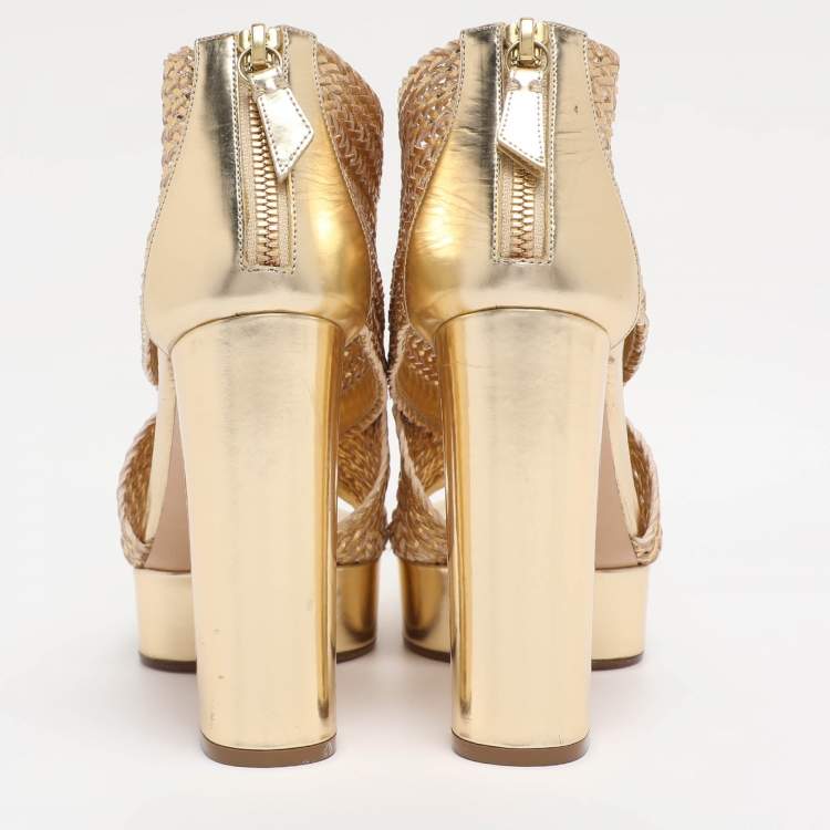 Pre Owned Casadei Gold Woven Leather Barbarella Sandals Size 37.5