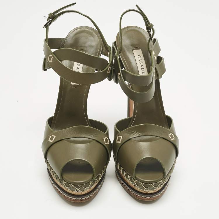 Pre Owned Casadei Green Leather Peep Toe Platform Ankle Strap Sandals Size 39