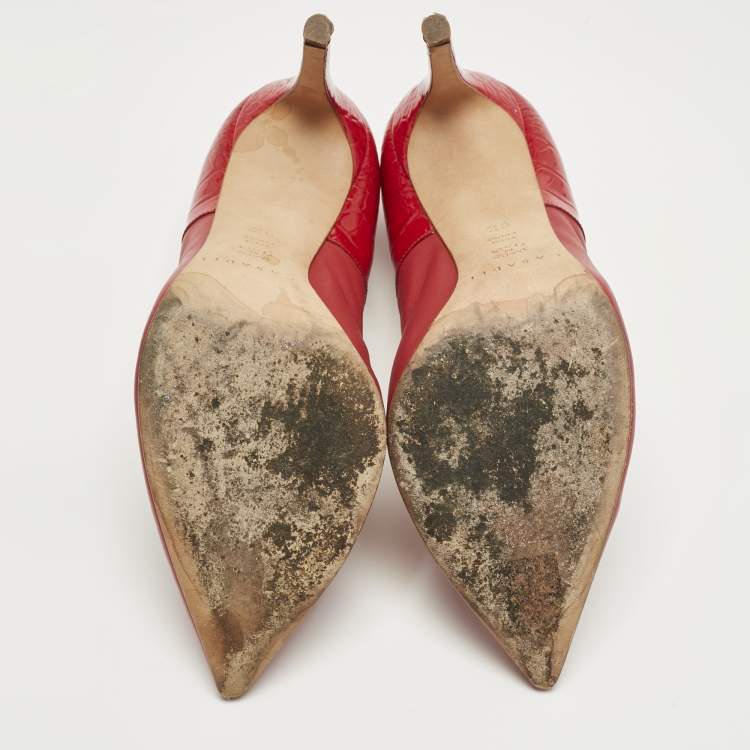 Pre Owned Casadei Red Croc Embossed Patent Leather and Leather Pointed Toe Pumps Size 36.5