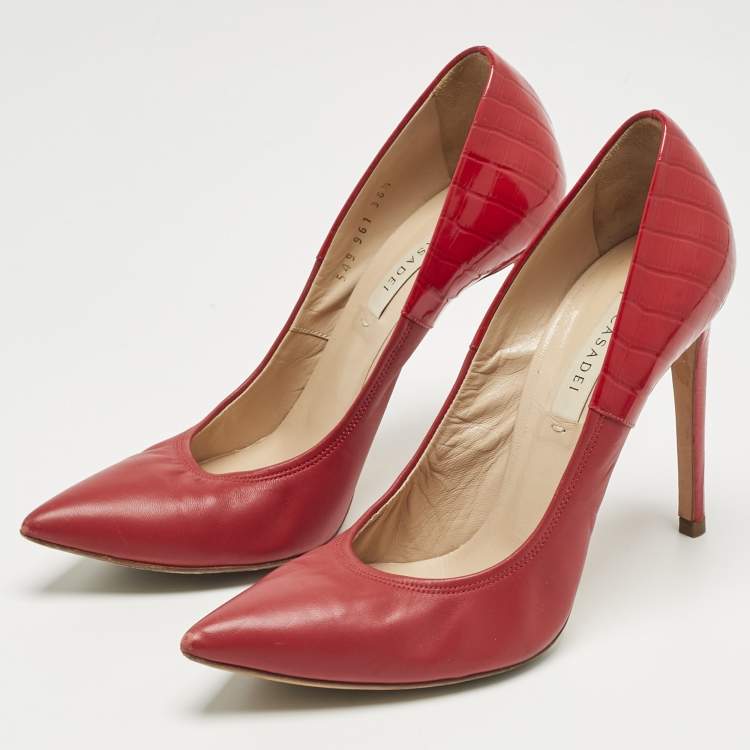 Pre Owned Casadei Red Croc Embossed Patent Leather and Leather Pointed Toe Pumps Size 36.5