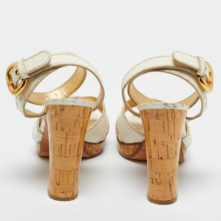Pre Owned Casadei White Python Embossed Leather Crisscross Ankle Wtrap Sandals Size 37.5
