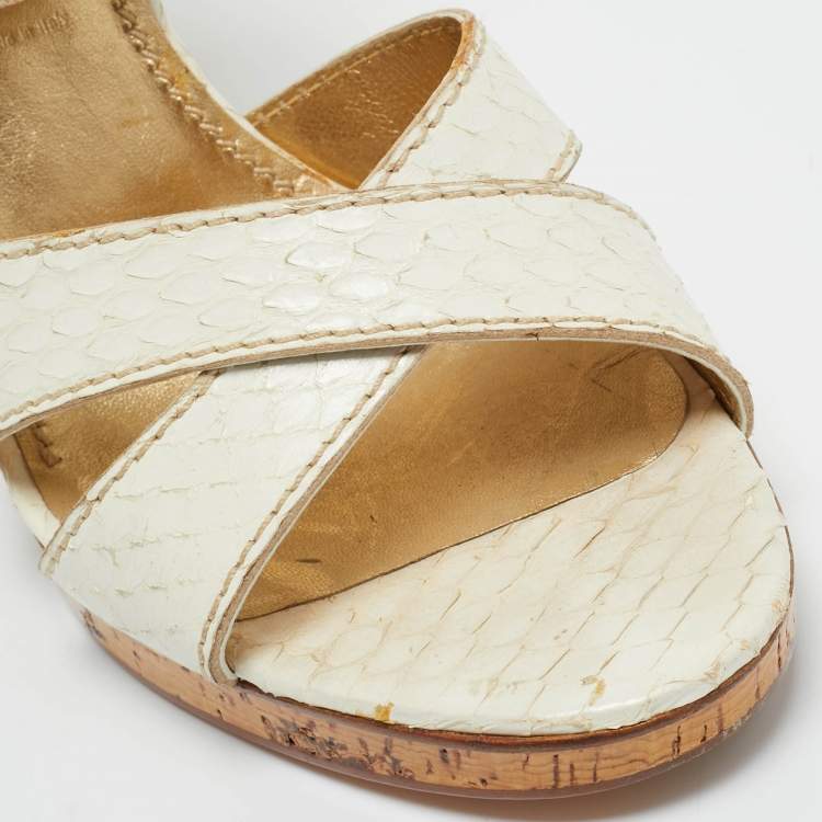 Pre Owned Casadei White Python Embossed Leather Crisscross Ankle Wtrap Sandals Size 37.5