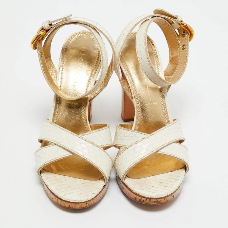 Pre Owned Casadei White Python Embossed Leather Crisscross Ankle Wtrap Sandals Size 37.5