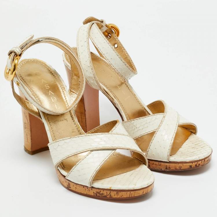 Pre Owned Casadei White Python Embossed Leather Crisscross Ankle Wtrap Sandals Size 37.5