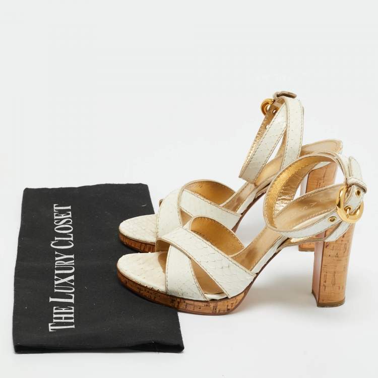 Pre Owned Casadei White Python Embossed Leather Crisscross Ankle Wtrap Sandals Size 37.5
