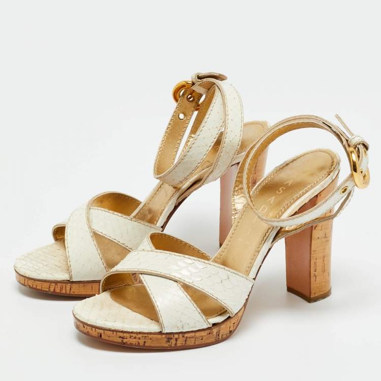 Pre Owned Casadei White Python Embossed Leather Crisscross Ankle Wtrap Sandals Size 37.5