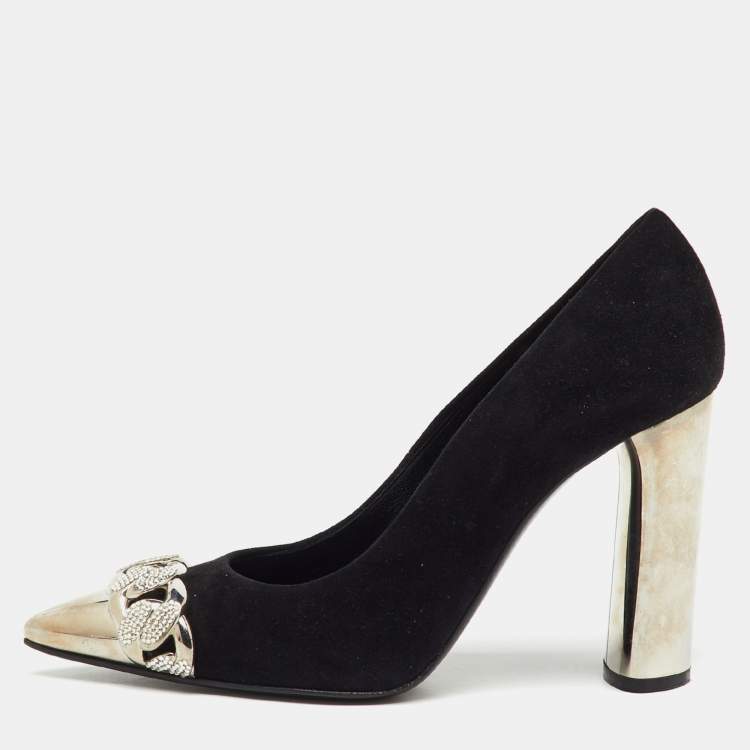 Pre Owned Casadei Black Suede Pointed Toe Crystal Chain Link Pumps Size 37
