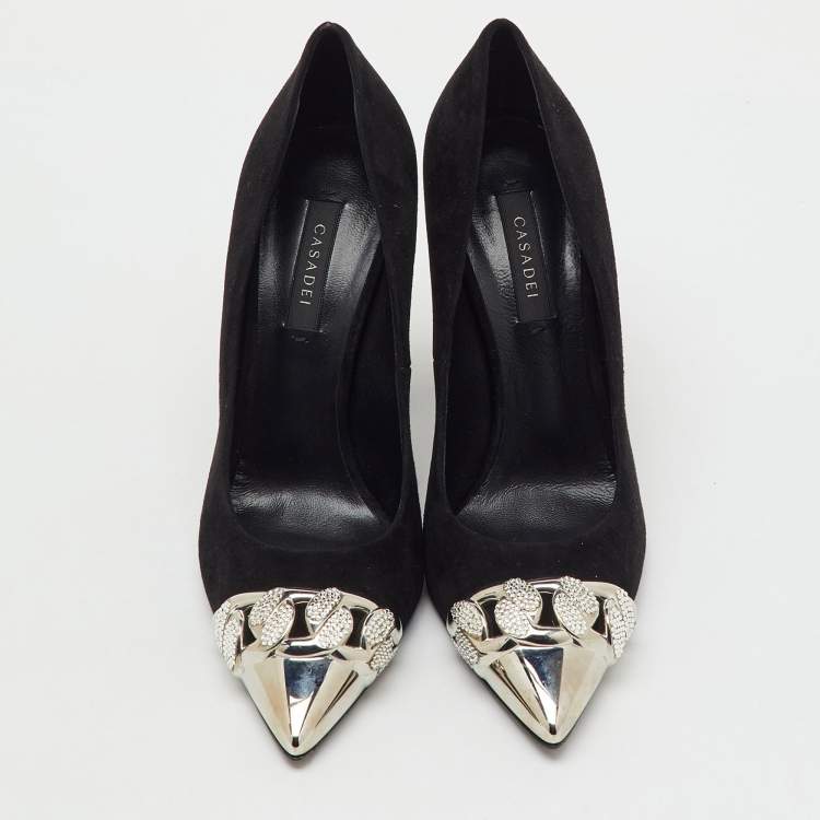 Pre Owned Casadei Black Suede Pointed Toe Crystal Chain Link Pumps Size 37