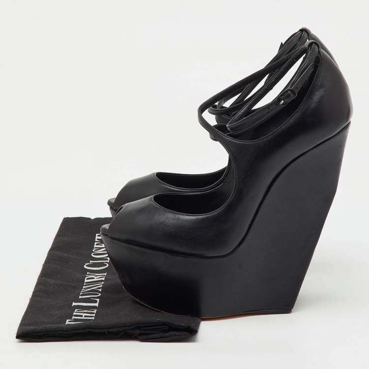 Pre Owned Casadei Black Leather Platform Wedge Pumps Size 38.5