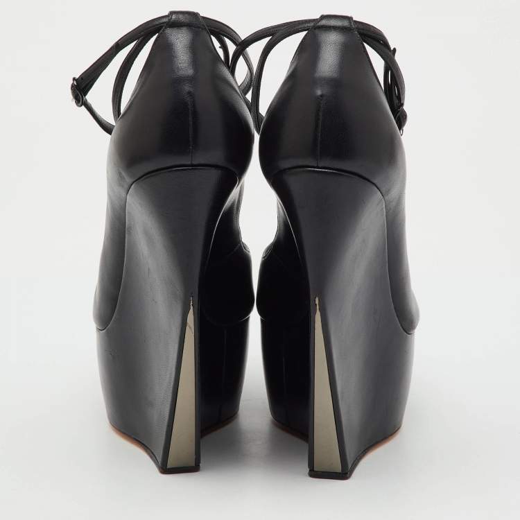 Pre Owned Casadei Black Leather Platform Wedge Pumps Size 38.5