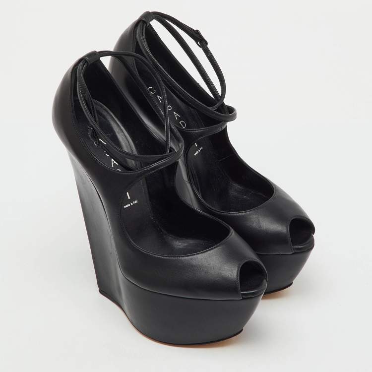 Pre Owned Casadei Black Leather Platform Wedge Pumps Size 38.5
