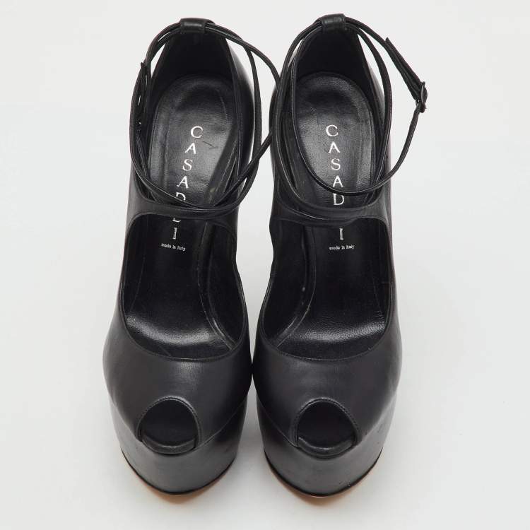 Pre Owned Casadei Black Leather Platform Wedge Pumps Size 38.5