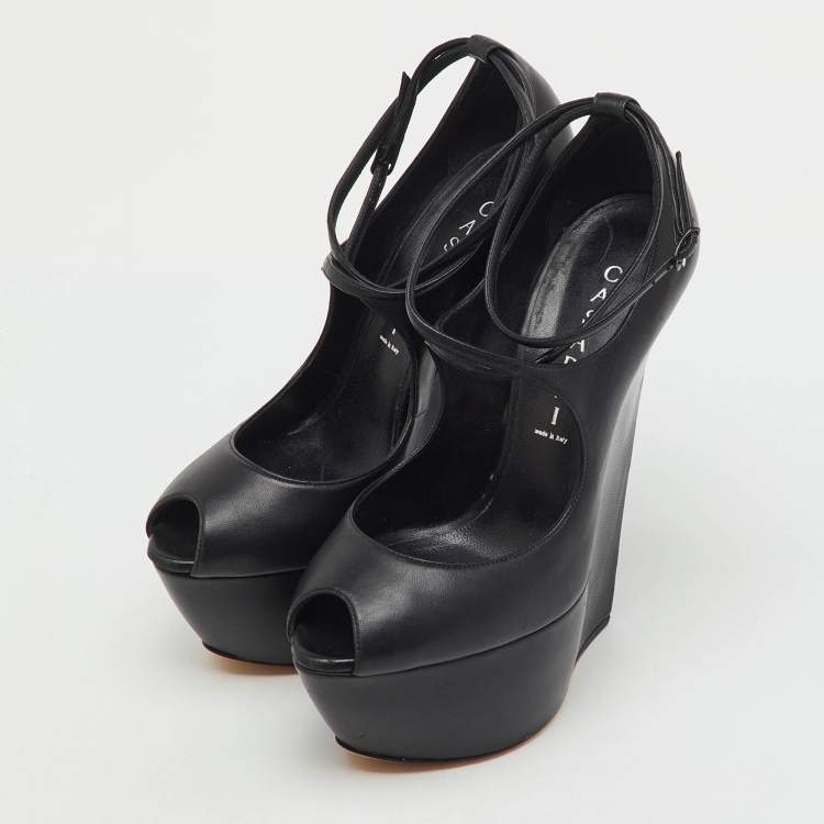 Pre Owned Casadei Black Leather Platform Wedge Pumps Size 38.5