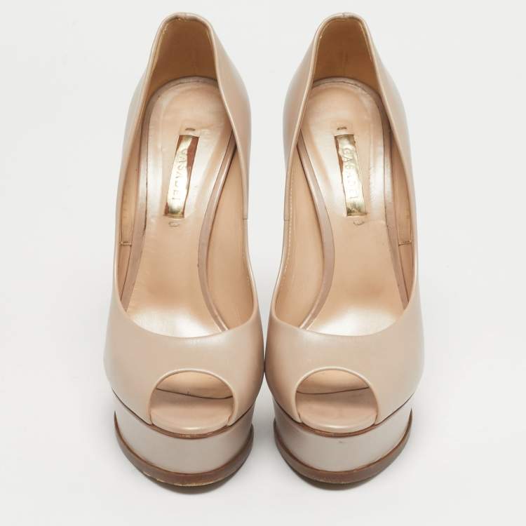 Pre Owned Casadei Beige Leather Peep Toe Pumps Size 38