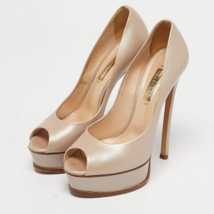Pre Owned Casadei Beige Leather Peep Toe Pumps Size 38