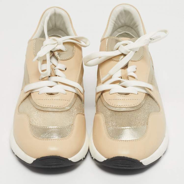 Pre Owned Casadei Beige Leather and Mesh Lace Up Sneakers Size 41