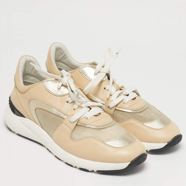 Pre Owned Casadei Beige Leather and Mesh Lace Up Sneakers Size 41