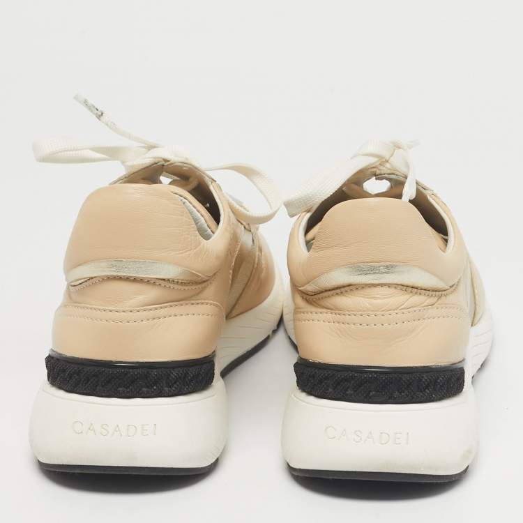 Pre Owned Casadei Beige Leather and Mesh Lace Up Sneakers Size 41