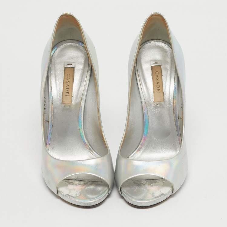Pre Owned Casadei Silver Leather Peep Toe Pumps Size 39