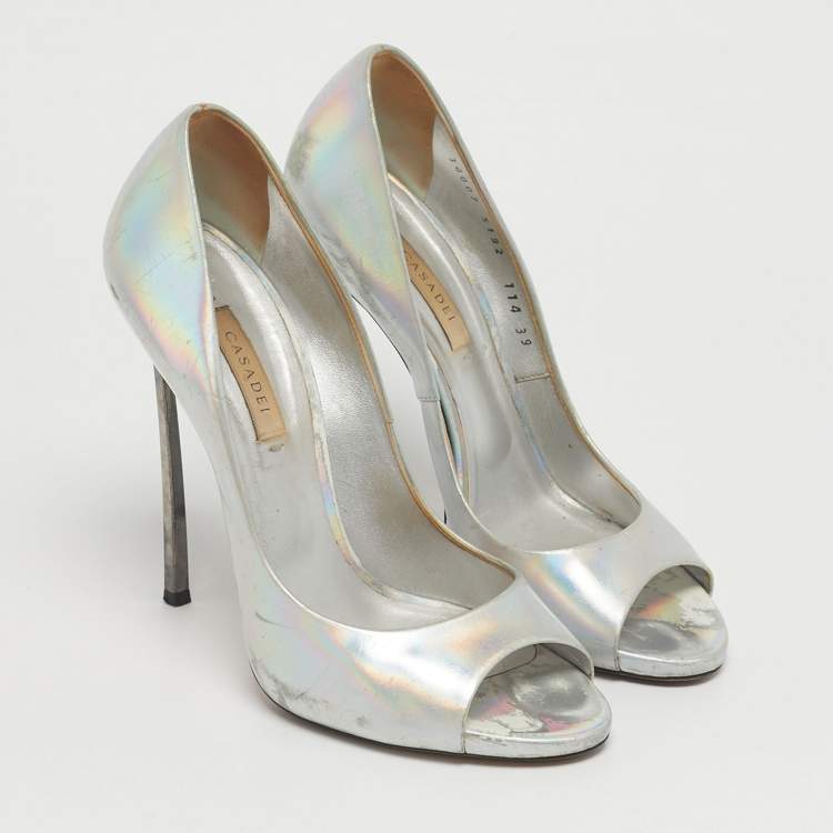 Pre Owned Casadei Silver Leather Peep Toe Pumps Size 39