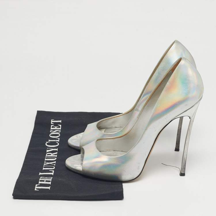 Pre Owned Casadei Silver Leather Peep Toe Pumps Size 39