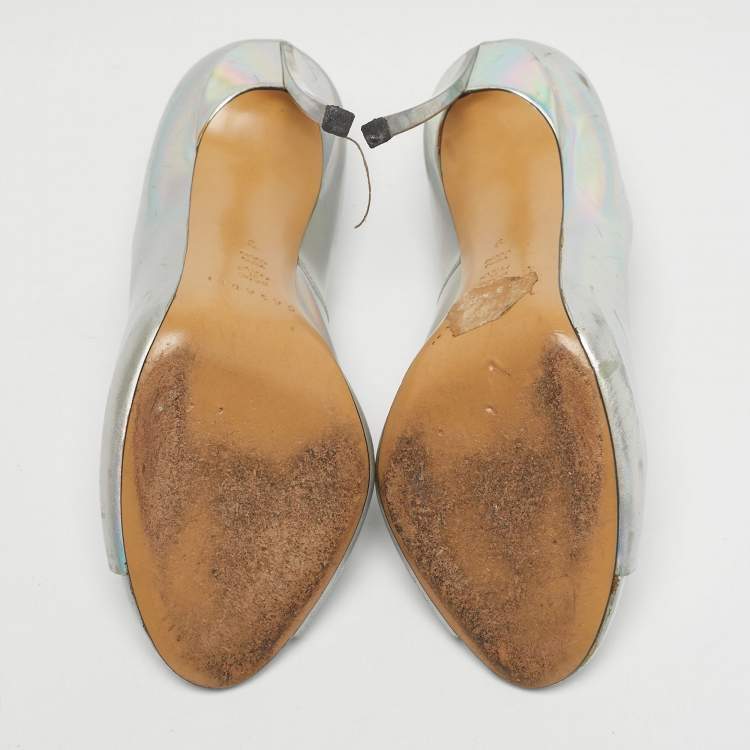 Pre Owned Casadei Silver Leather Peep Toe Pumps Size 39