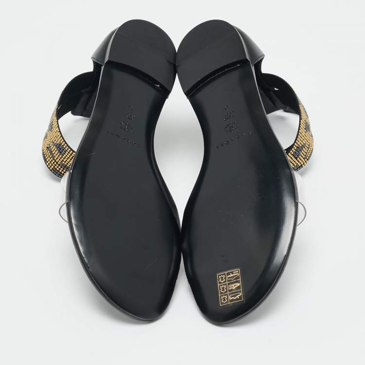 Pre Owned Casadei Black Leather and PVC Crystal Embellished Flat Sandals Size 38