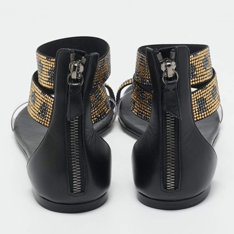 Pre Owned Casadei Black Leather and PVC Crystal Embellished Flat Sandals Size 38