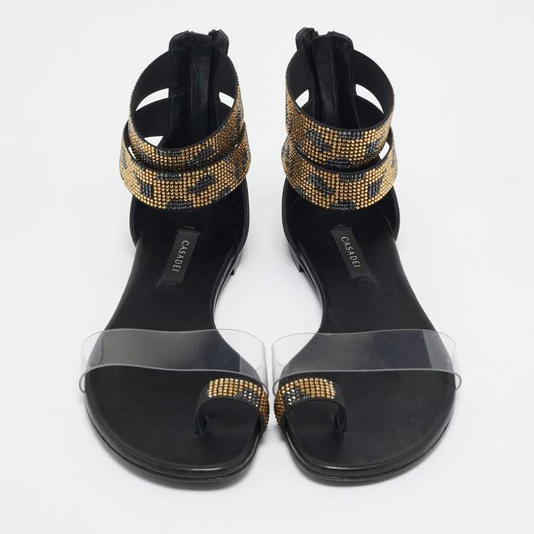 Pre Owned Casadei Black Leather and PVC Crystal Embellished Flat Sandals Size 38