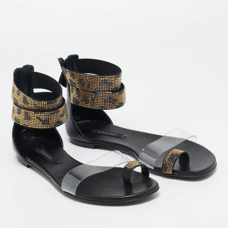 Pre Owned Casadei Black Leather and PVC Crystal Embellished Flat Sandals Size 38