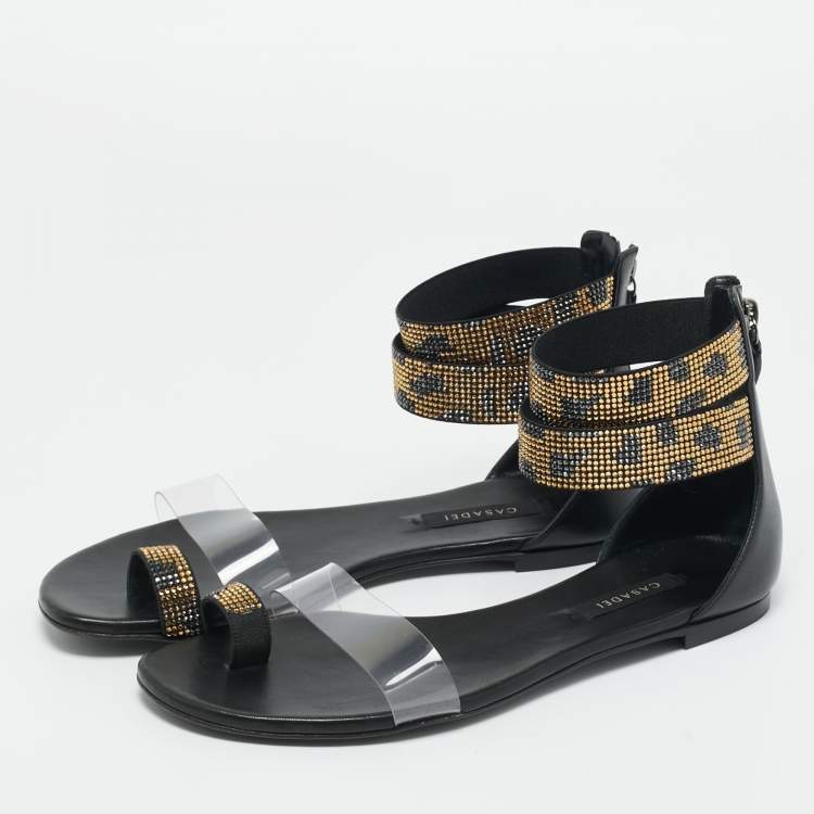 Pre Owned Casadei Black Leather and PVC Crystal Embellished Flat Sandals Size 38
