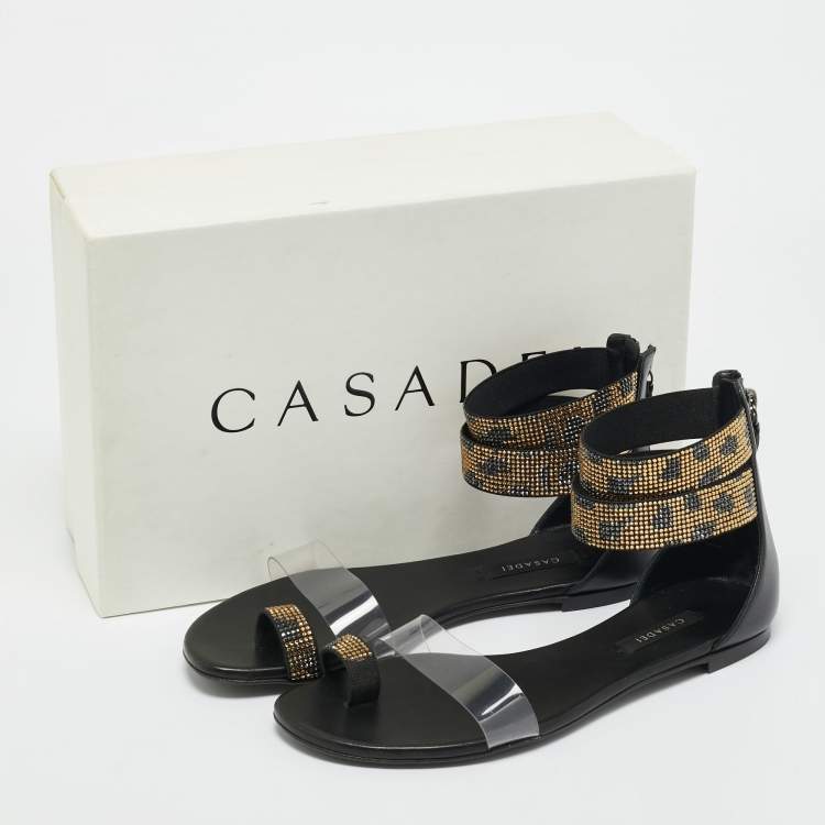 Pre Owned Casadei Black Leather and PVC Crystal Embellished Flat Sandals Size 38