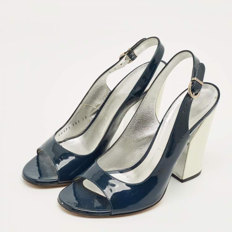 Pre Owned Casadei Navy Blue Patent Leather Open Toe Slingback Pumps Size 38