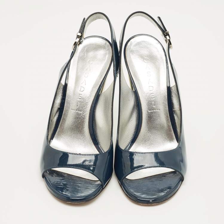 Pre Owned Casadei Navy Blue Patent Leather Open Toe Slingback Pumps Size 38