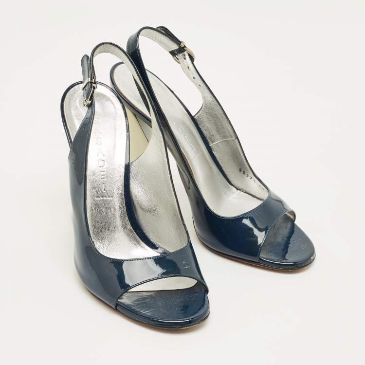 Pre Owned Casadei Navy Blue Patent Leather Open Toe Slingback Pumps Size 38