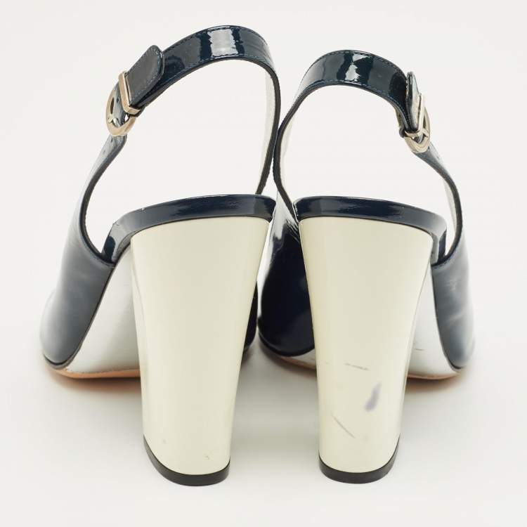 Pre Owned Casadei Navy Blue Patent Leather Open Toe Slingback Pumps Size 38