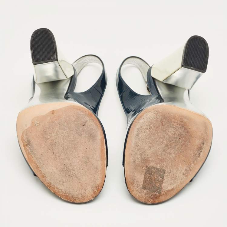 Pre Owned Casadei Navy Blue Patent Leather Open Toe Slingback Pumps Size 38